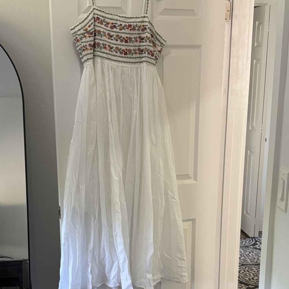 White Boho Embroidered Midi Dress with Spaghetti Straps